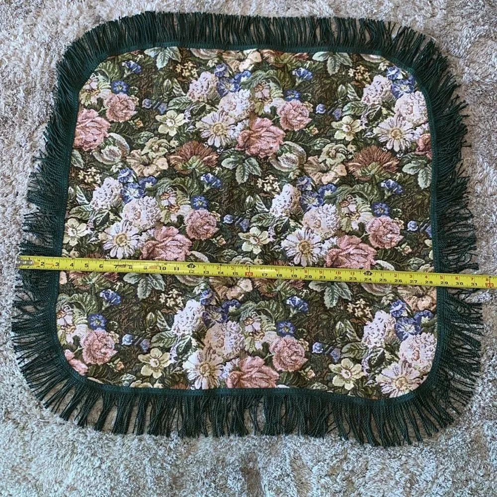 Vintage Square Floral Tapestry Table Doily Green Multi With Twisted Rope Fringe